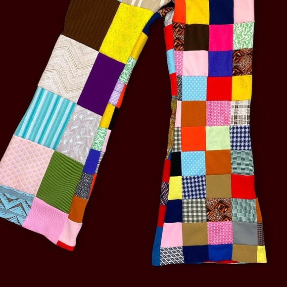 Vintage 70’s Handmade Colorful Patchwork Hippie Festival High Rise Flare Pants - Picture 5 of 8